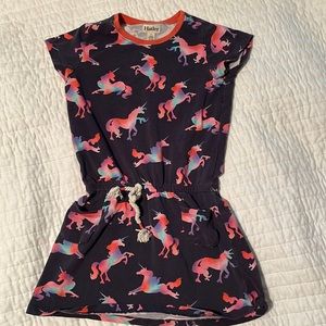 Navy drawstring dress with small pockets. Hatley size 4. Rainbow unicorn